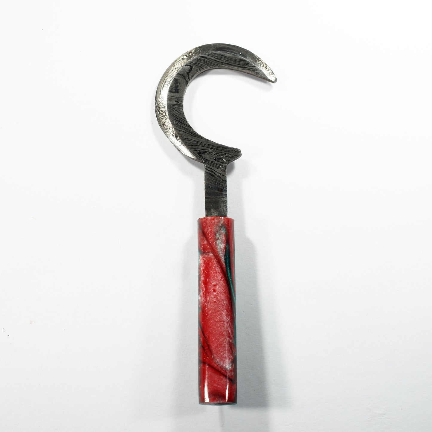 Dab Blade - Sickle - Damascus - Cosmic Green/Red Resin Handle
