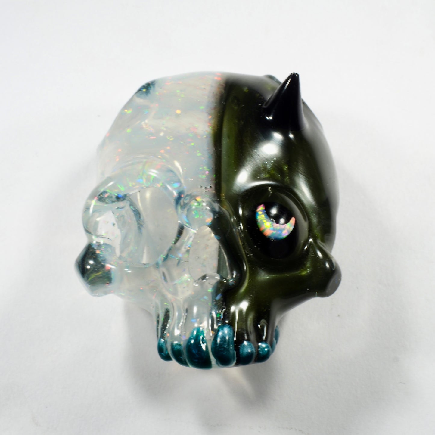 Two Faced Skulls by Warwick Glass - Greasy Pearl & Crushed Opal White Pendant