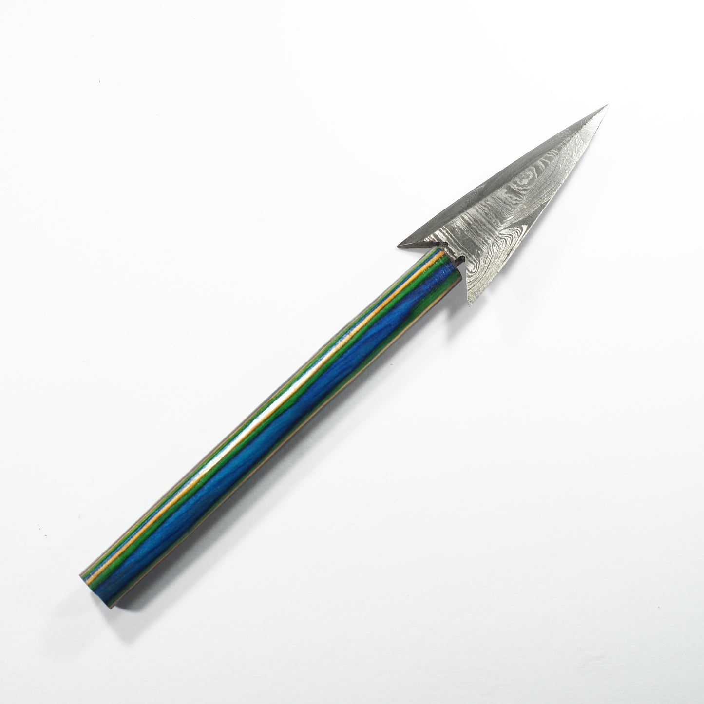 Dab Blade - Harpoon - Damascus - Blue/Green/Woodgrain Stripe Handle