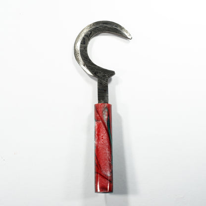 Dab Blade - Sickle - Damascus - Cosmic Green/Red Resin Handle
